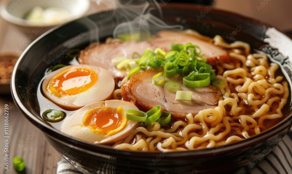 A steaming bowl of ramen with sliced pork and soft-boiled eggs. A steaming bowl of ramen with sliced pork and soft-boiled eggs.