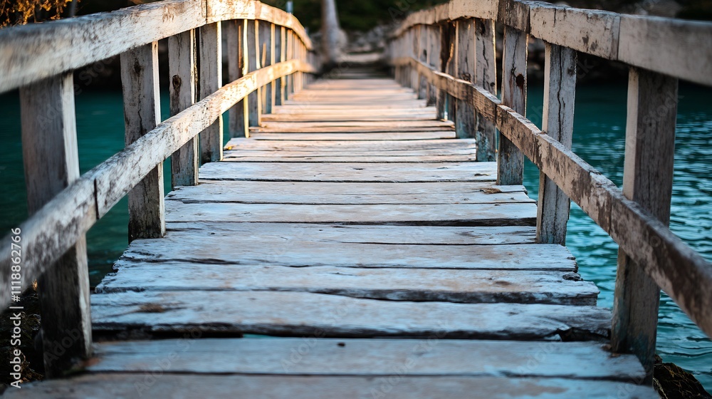 Fototapeta premium Old distressed wooden bridge over turquoise water scenic view with rustic appeal and vibrant colors : Generative AI