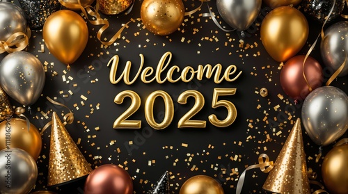 A fun and lively graphic of New Year's party elements, including balloons, party hats, confetti, and streamers. The design is vibrant, using gold, silver, and black tones with a bold 'Welcome 2025' me