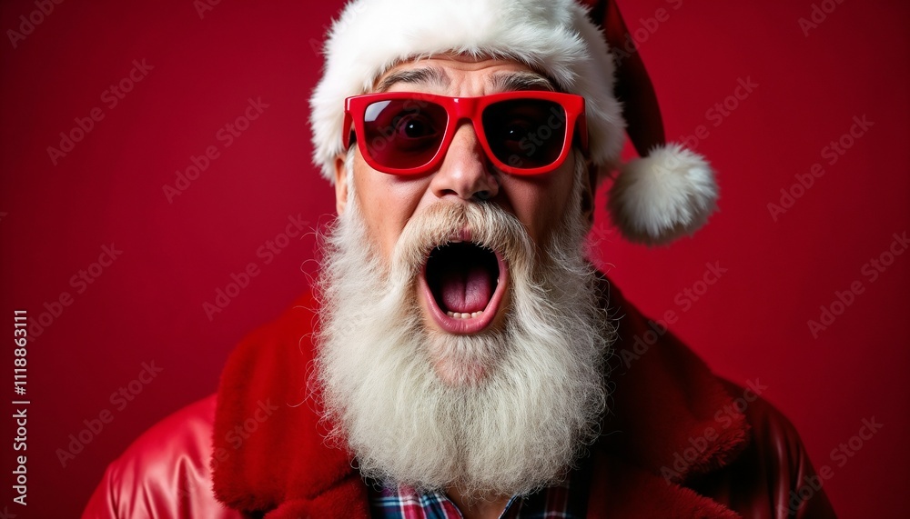 A lively Santa Claus in red sunglasses and hat with an expressive face, set against a red background. Perfect for holiday and festive-themed projects.
A lively Santa Claus in red sunglasses and hat with an expressive face, set against a red background. Perfect for holiday and festive-themed projects.