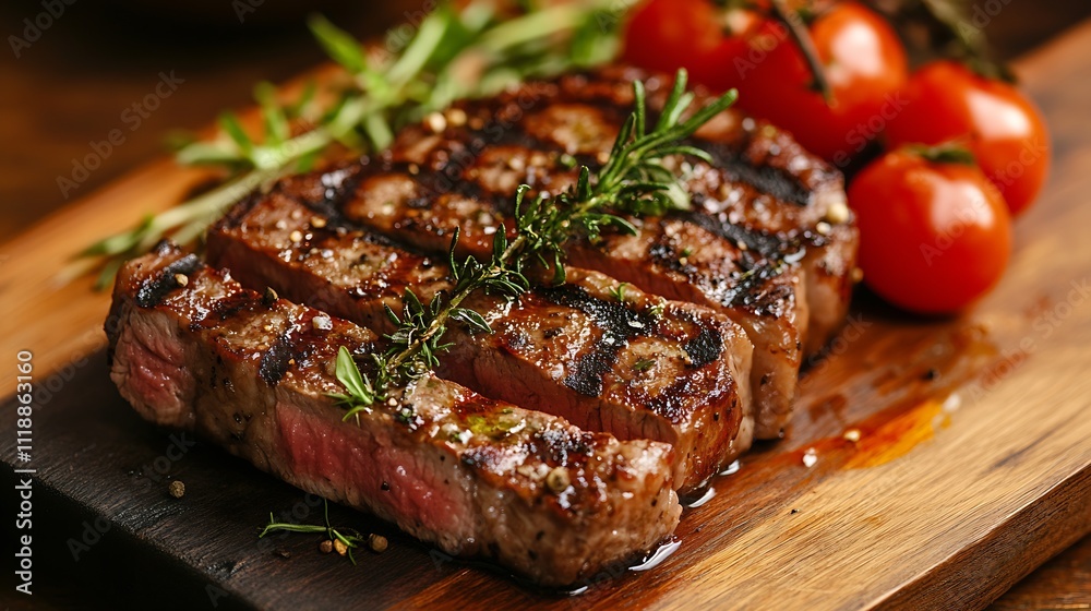 Grilled ribeye steak with rosemary and vine tomatoes on a wooden board : Generative AI