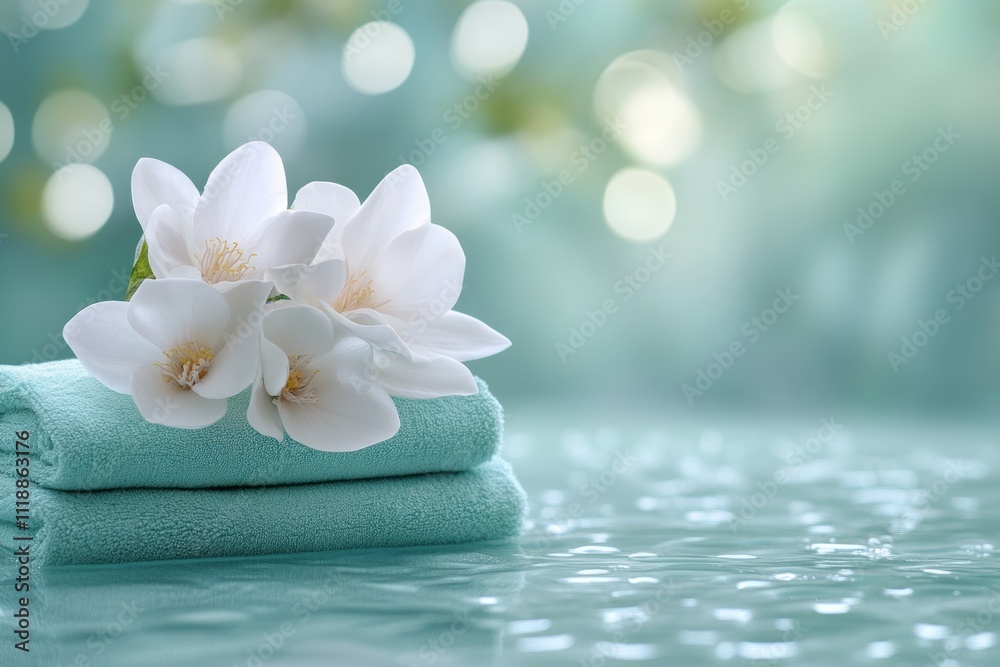 Relaxing spa experience with white flowers and towels serene environment close-up view wellness concept Relaxing spa experience with white flowers and towels serene environment close-up view wellness concept