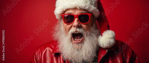 A lively Santa Claus in red sunglasses and hat with an expressive face, set against a red background. Perfect for holiday and festive-themed projects.

