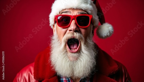 A lively Santa Claus in red sunglasses and hat with an expressive face, set against a red background. Perfect for holiday and festive-themed projects.

