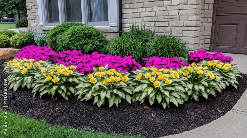 Colorful Flower Bed with Pink and Yellow Blooms in Residential Garden Colorful Flower Bed with Pink and Yellow Blooms in Residential Garden