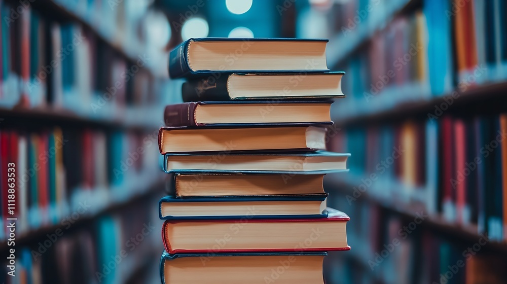 Stack of Books in a Traditional Library Aisle with Warm Lighting : Generative AI Stack of Books in a Traditional Library Aisle with Warm Lighting : Generative AI