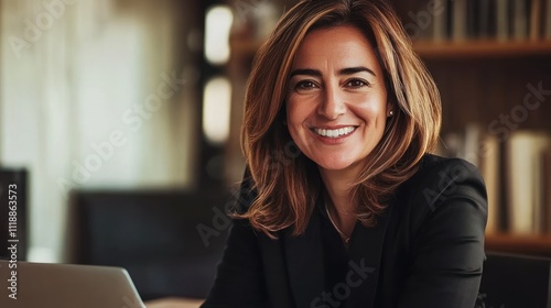Professional woman smiling at a desk in a modern office setting.