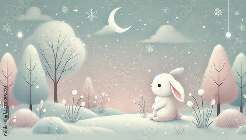 A Gentle Winter Night Scene with a Rabbit Gazing into the Soft Snowy Distance, Captured in a Storybook Illustration Style photo