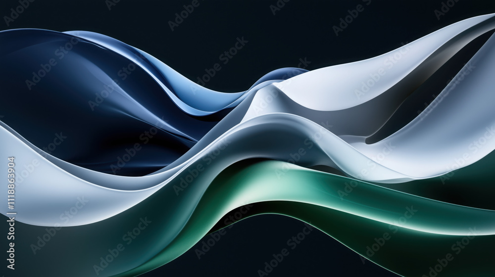 Abstract 3D Flowing Liquid-Like Wave Textures in Emerald Green, Navy Blue, and White Gradient Abstract 3D Flowing Liquid-Like Wave Textures in Emerald Green, Navy Blue, and White Gradient