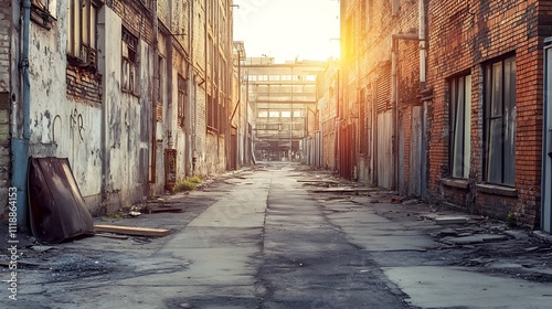 Abandoned Urban Alley with Sunlit Glow and Rustic Brick Walls in Deteriorating Neighborhood : Generative AI