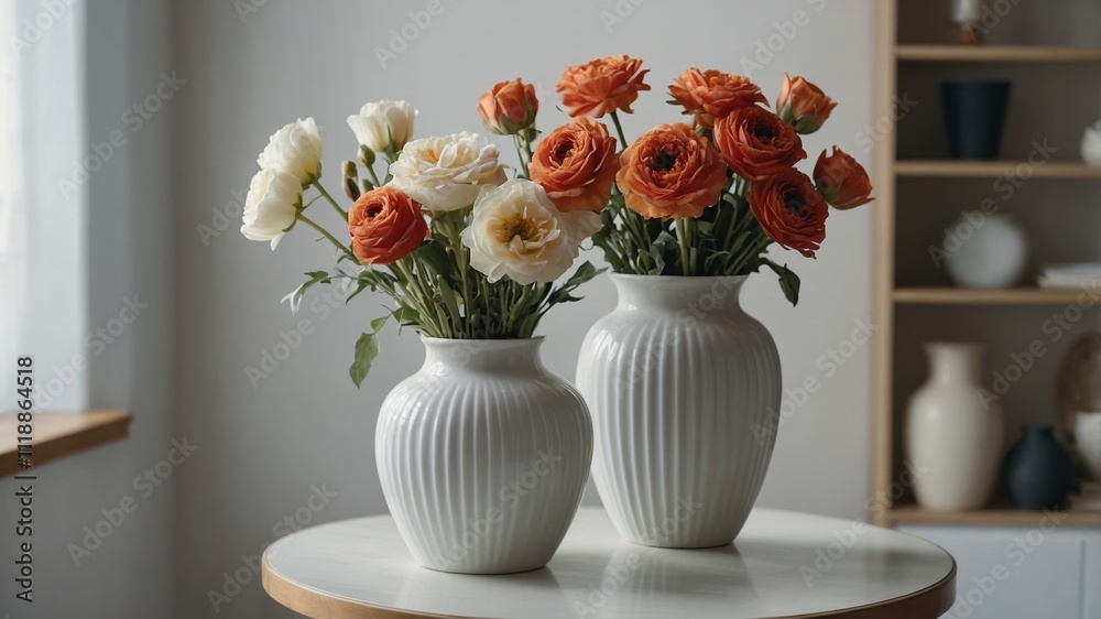 Fresh flowers in white vase in bright room Fresh flowers in white vase in bright room