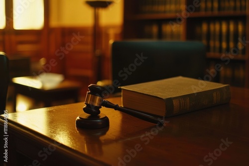 A judge��s gavel sits on a table, emphasizing law and courtroom procedures.