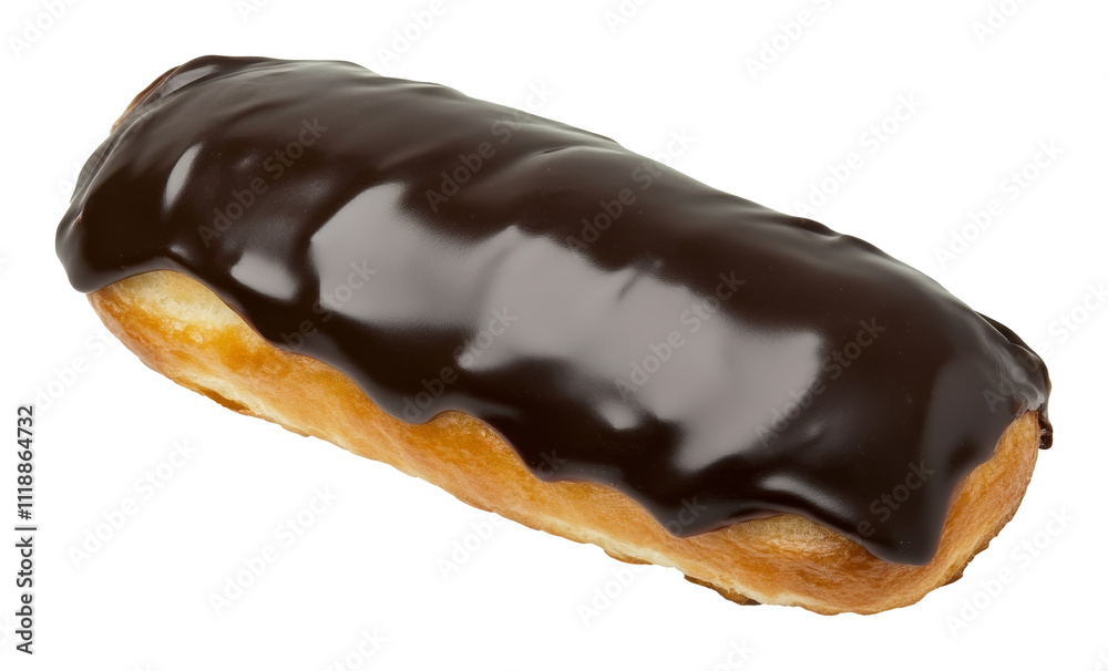 Chocolate covered éclair on transparent background, delicious dessert concept Chocolate covered éclair on transparent background, delicious dessert concept