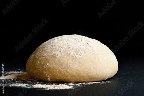 Freshly kneaded dough resting on a black surface ready for baking in a cozy kitchen environment