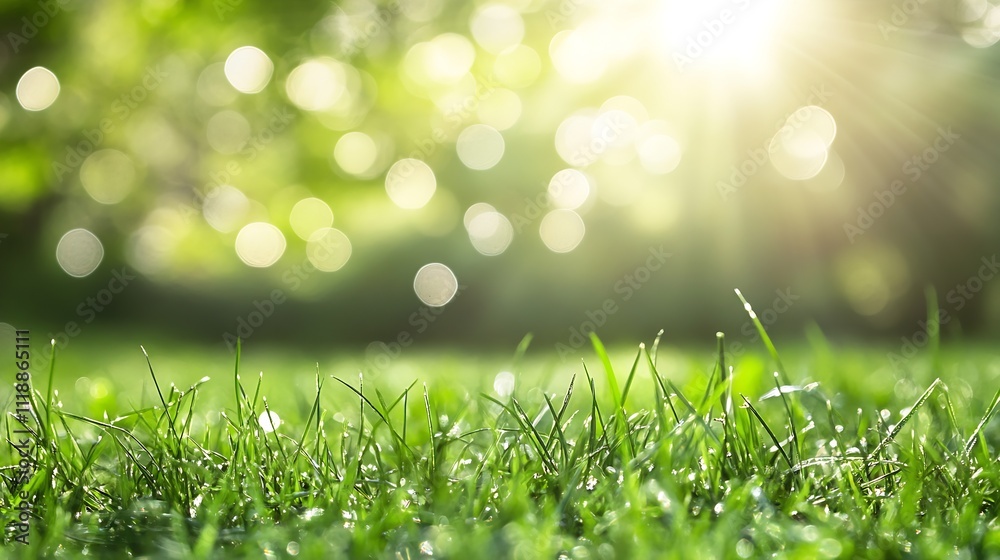 Obraz premium Lush Green Grass with Dew Drops Sparkling in Morning Sunlight Creating Peaceful Natural Setting : Generative AI