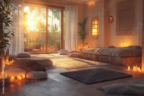 Fototapeta Naklejka Na Ścianę i Meble -  Serene meditation space at sunset indoor room peaceful atmosphere tranquil environment natural light mindfulness concept