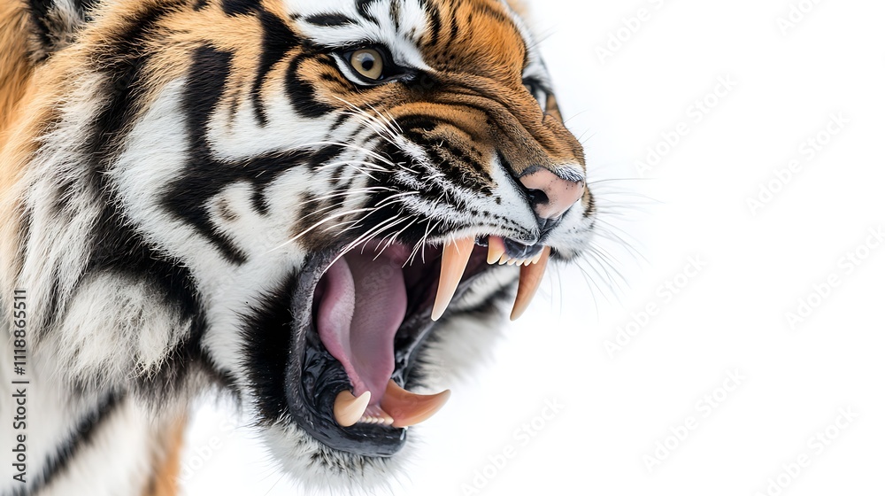 Fototapeta premium Closeup of a fierce roaring tiger showing sharp teeth and intense expression : Generative AI