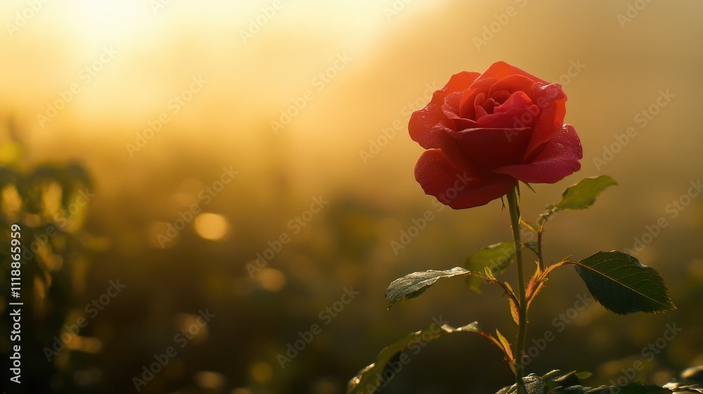 Fototapeta premium Single Red Rose in Soft Morning Light with Gentle Foggy Background