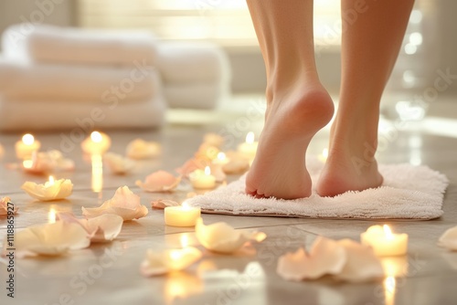 Relaxing spa experience home photography calm environment close-up view wellness concept with candles and petals photo