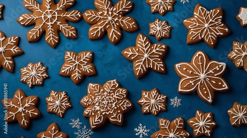Gingerbread snowflakes on blue background with space