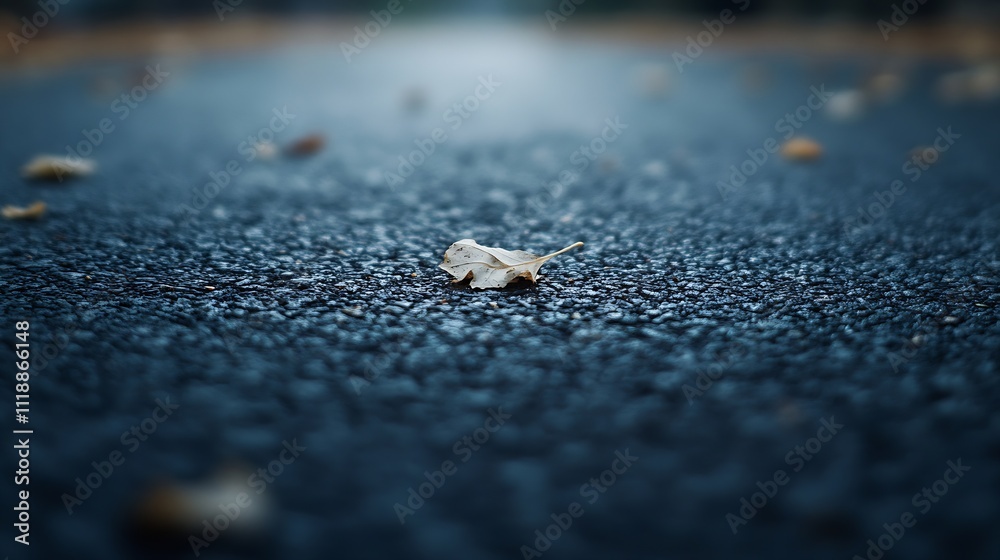 Lone Autumn Leaf Lies on Textured Asphalt Road Surface Evoking Sense of Season's Transition and Passage : Generative AI Lone Autumn Leaf Lies on Textured Asphalt Road Surface Evoking Sense of Season's Transition and Passage : Generative AI