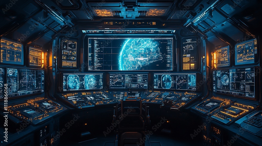 Futuristic spaceship bridge with numerous monitors displaying data and a planet. Futuristic spaceship bridge with numerous monitors displaying data and a planet.