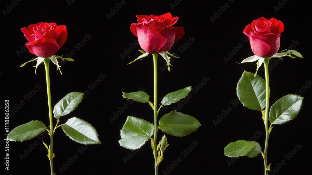 Three Elegant Red Roses on Black Background Displaying Natural Beauty Three Elegant Red Roses on Black Background Displaying Natural Beauty