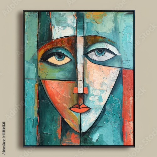 abstract painting in cubist style. The painting depicts a face divided into geometric shapes and bright colors.   photo