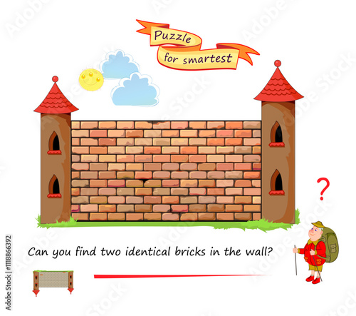 Logic puzzle game for children and adults. Can you find two identical bricks in the wall? Page for kids brain teaser book. Task for attentiveness.  IQ test. Play online. Flat vector illustration.