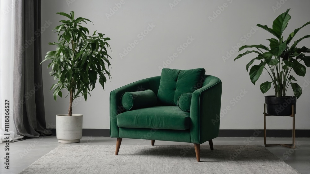 Green armchair and plant on minimal white backdrop Green armchair and plant on minimal white backdrop