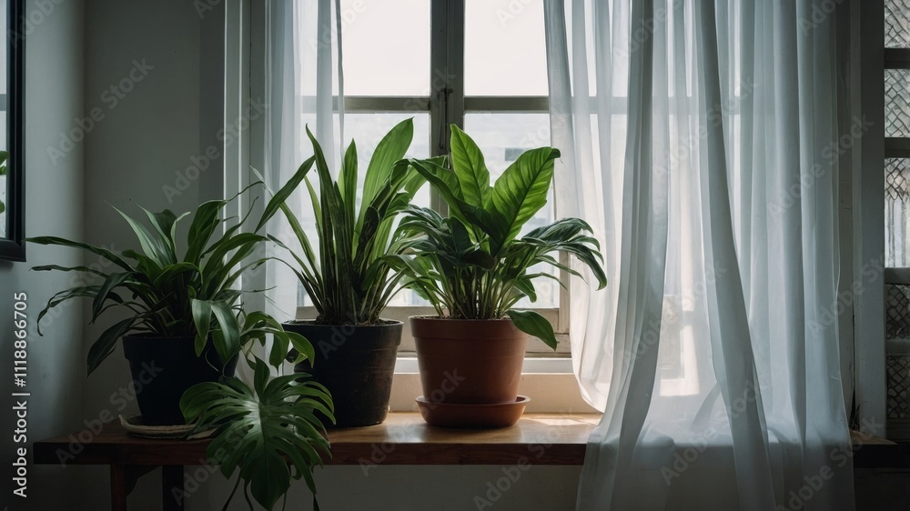 Green indoor plants by window with sheer curtain