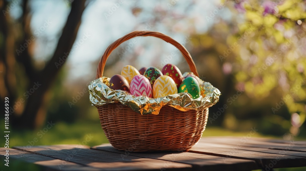Colorful Easter Eggs in Basket Surrounded by Blossoming Nature Colorful Easter Eggs in Basket Surrounded by Blossoming Nature