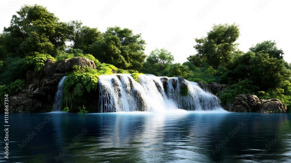 Lush waterfall cascading into a tranquil pool, surrounded by dense foliage and rocks. Lush waterfall cascading into a tranquil pool, surrounded by dense foliage and rocks.