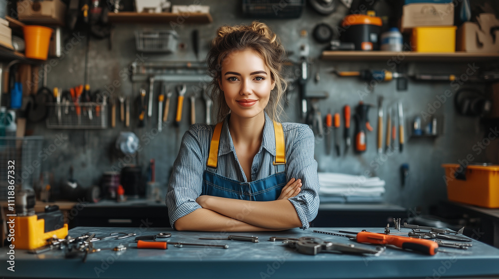 A portrait of a woman female worker in a workshop, surrounded by tools, showcasing a feminine attitude in the engineering and repair industry