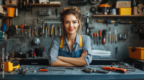 Obraz na płótnie A portrait of a woman female worker in a workshop, surrounded by tools, showcasing a feminine attitude in the engineering and repair industry w salonie