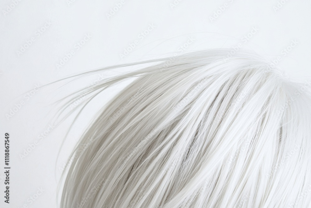 A white hair wig or intense lightest blonde color is styled for a modern and elegant appearance. A white hair wig or intense lightest blonde color is styled for a modern and elegant appearance.