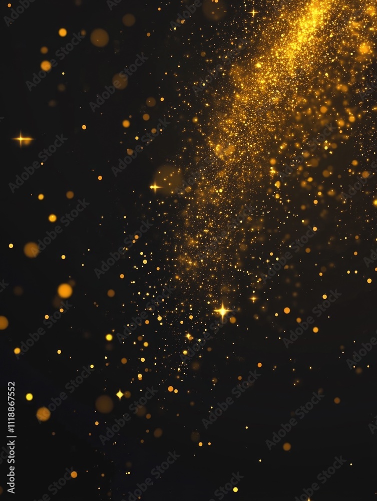 Glowing golden particles against a dark night sky, simulating stars in the universe. Glowing golden particles against a dark night sky, simulating stars in the universe.