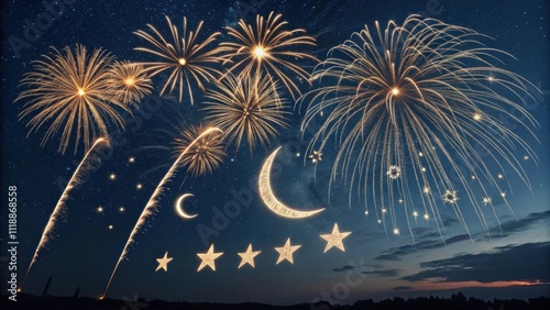 Crescent Moon Fireworks Firecrackers explode in intricate patterns forming crescent moons and stars providing a celestial motif against a dark sky. Each burst sends trails of photo