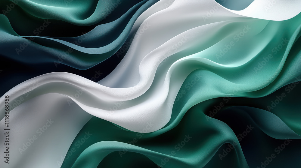 Obraz premium Abstract 3D Flowing Liquid-Like Wave Textures in Emerald Green, Navy Blue, and White Gradient