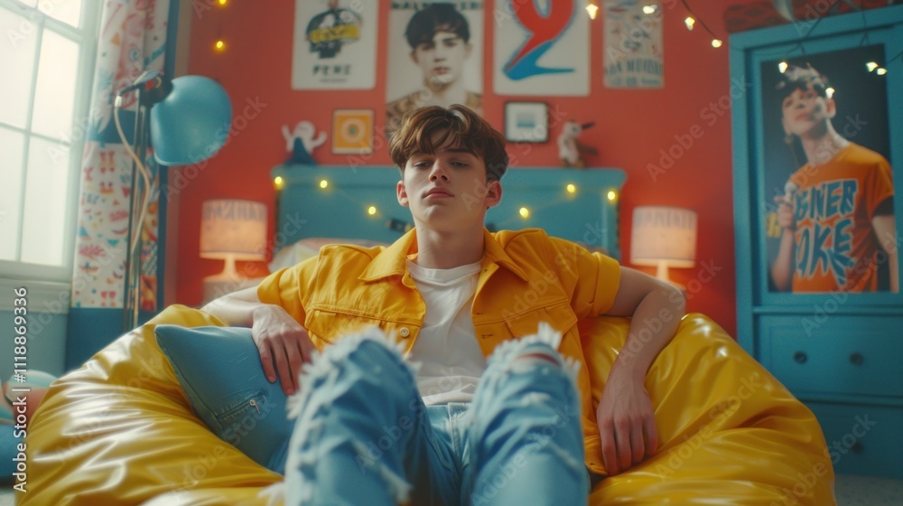 Obraz premium Teenager sits in yellow beanbag chair in colorful bedroom.