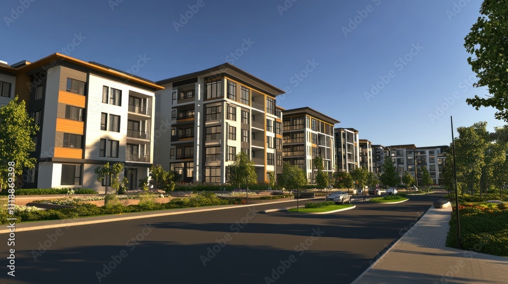 A new luxury modern residential district featuring 6 modern 8-story apartment building. A new luxury modern residential district featuring 6 modern 8-story apartment building.
