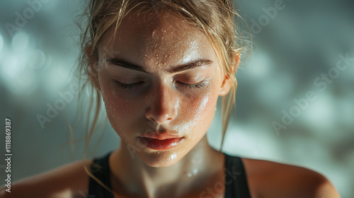 A young blonde dancer, worn out and soaked in sweat, takes a moment to rest after a rigorous rehearsal