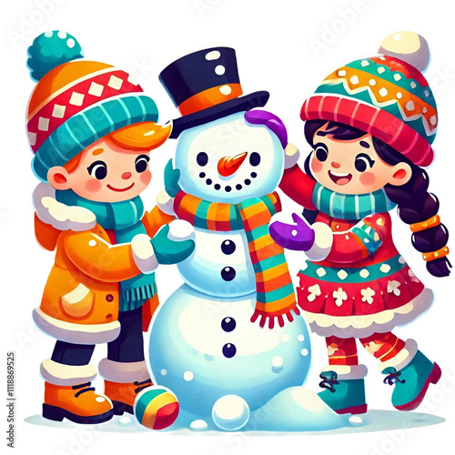 Children and snowman png photo