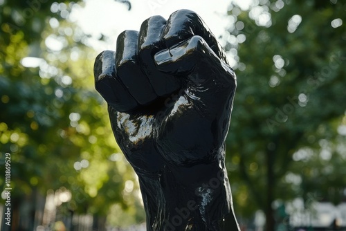 A black clenched fist is raised in support of the Black Lives Matter and blackout movement.