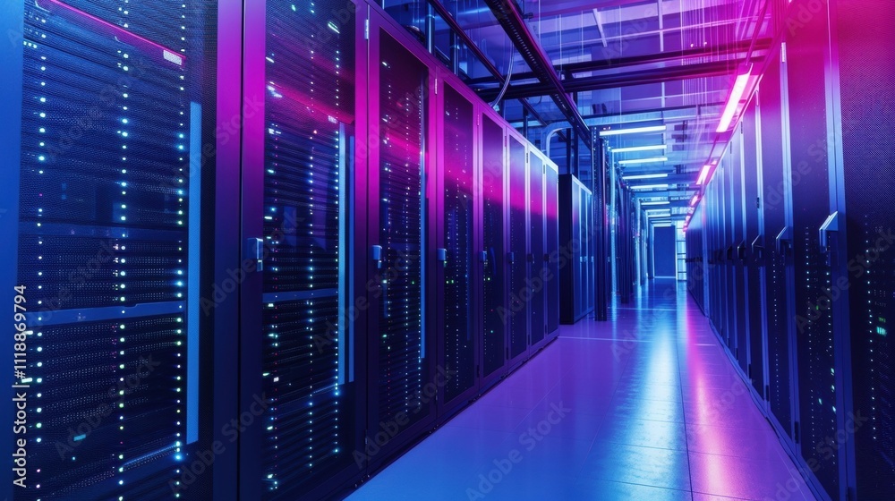 Rows of server racks lining a corridor illuminated by vibrant pink and blue lights, creating a futuristic atmosphere that highlights modern data center technology