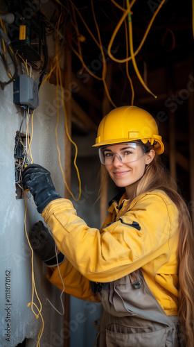 Obraz na płótnie A woman worker, wearing a helmet and construction attire, is engaged in electrical work with cables in an industrial setting w salonie