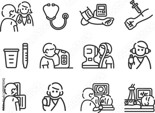 健康診断のメニューのアイコン（線画）のイラストセット