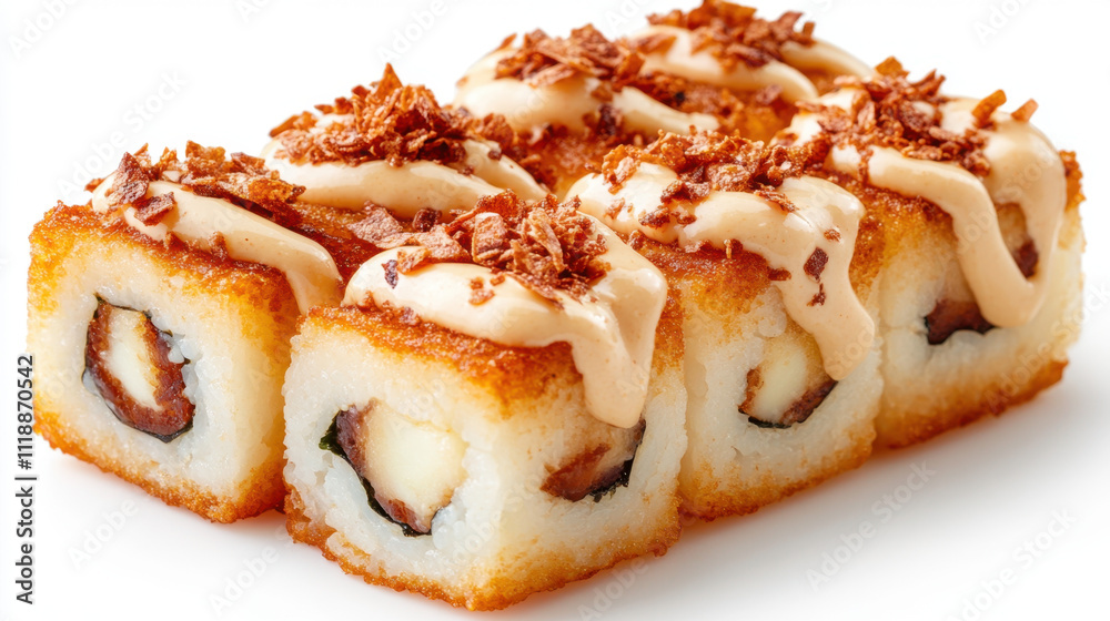Japanese Cuisine and Sushi Rolls. Crispy sushi rolls topped with creamy sauce and crunchy flakes, offering a delicious blend of flavors and textures. Japanese Cuisine and Sushi Rolls. Crispy sushi rolls topped with creamy sauce and crunchy flakes, offering a delicious blend of flavors and textures.