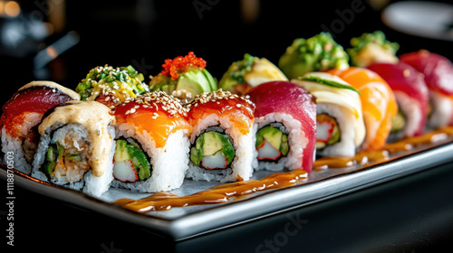 Japanese Cuisine and Sushi Rolls. A vibrant platter of sushi rolls featuring various colors and toppings, showcasing a delicious variety of traditional Japanese cuisine.