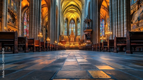 Majestic cathedral interior with stained glass, rows of pews, and ornate altar.